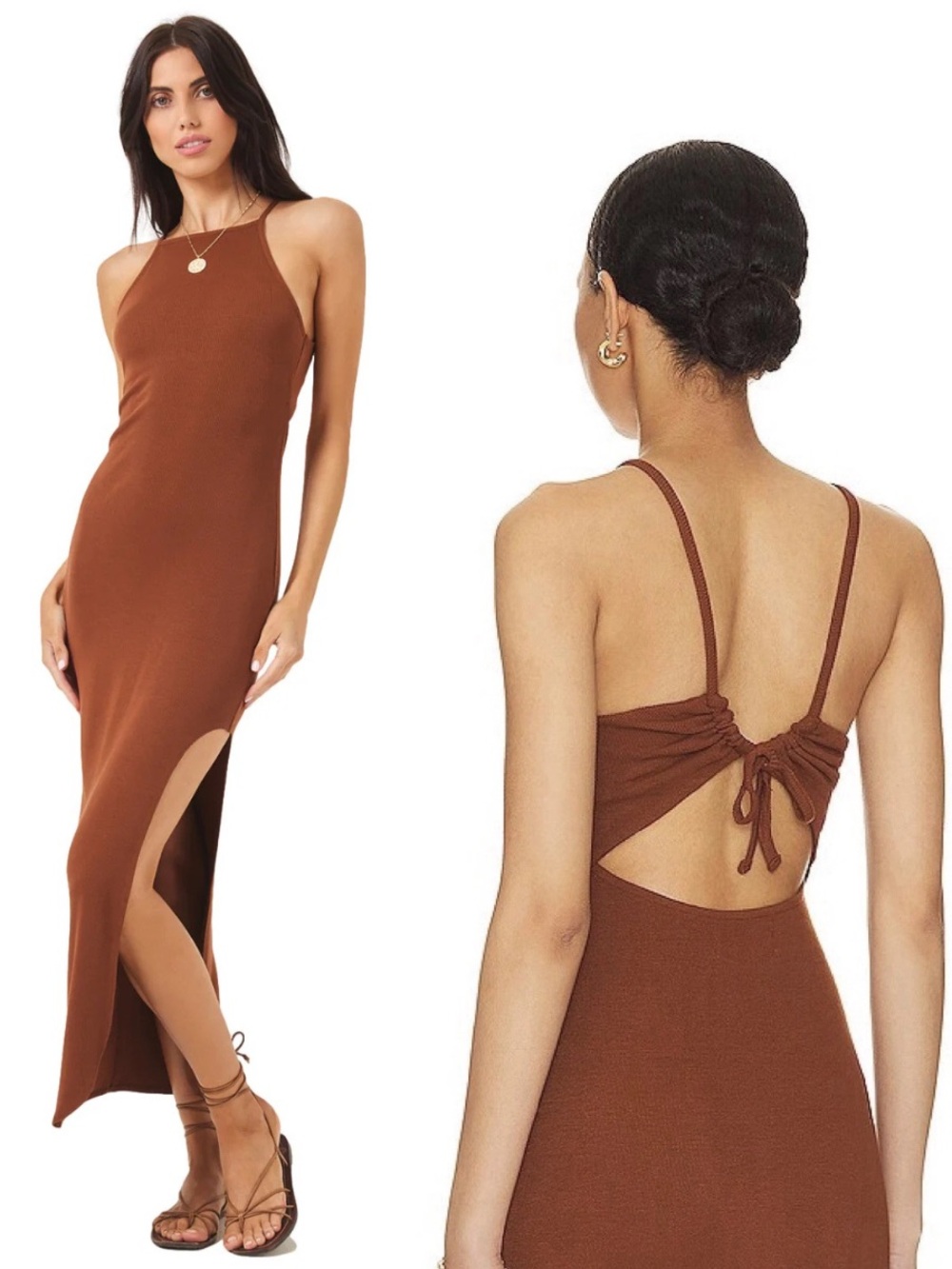 NWT L*Space Renata Ribbed Midi Dress With Side Slit & Cutout in Brown Coffee XL